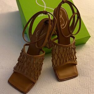 Sam Edelman Tan Woven Ankle-Tie Heeled Sandals